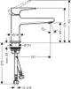 Einhebel-Waschtischmischer von Hansgrohe mit Hebelgriff, bestehend aus verschiedenen geometrischen Formen und technischen Details zur Montage und Abmessung.